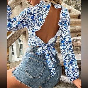 Boho floral print tie back cutout crop blouse